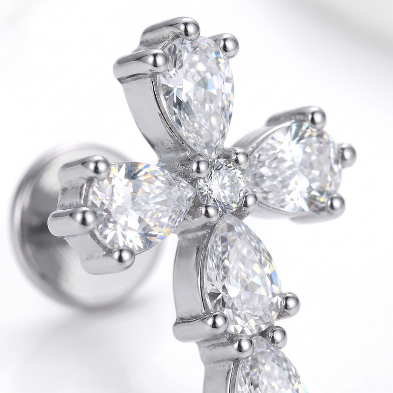 Piercing con croce di zirconi in Acciaio Chirurgico 316L - Piercing per lobo, helix, forward helix, conch, flat, tragus