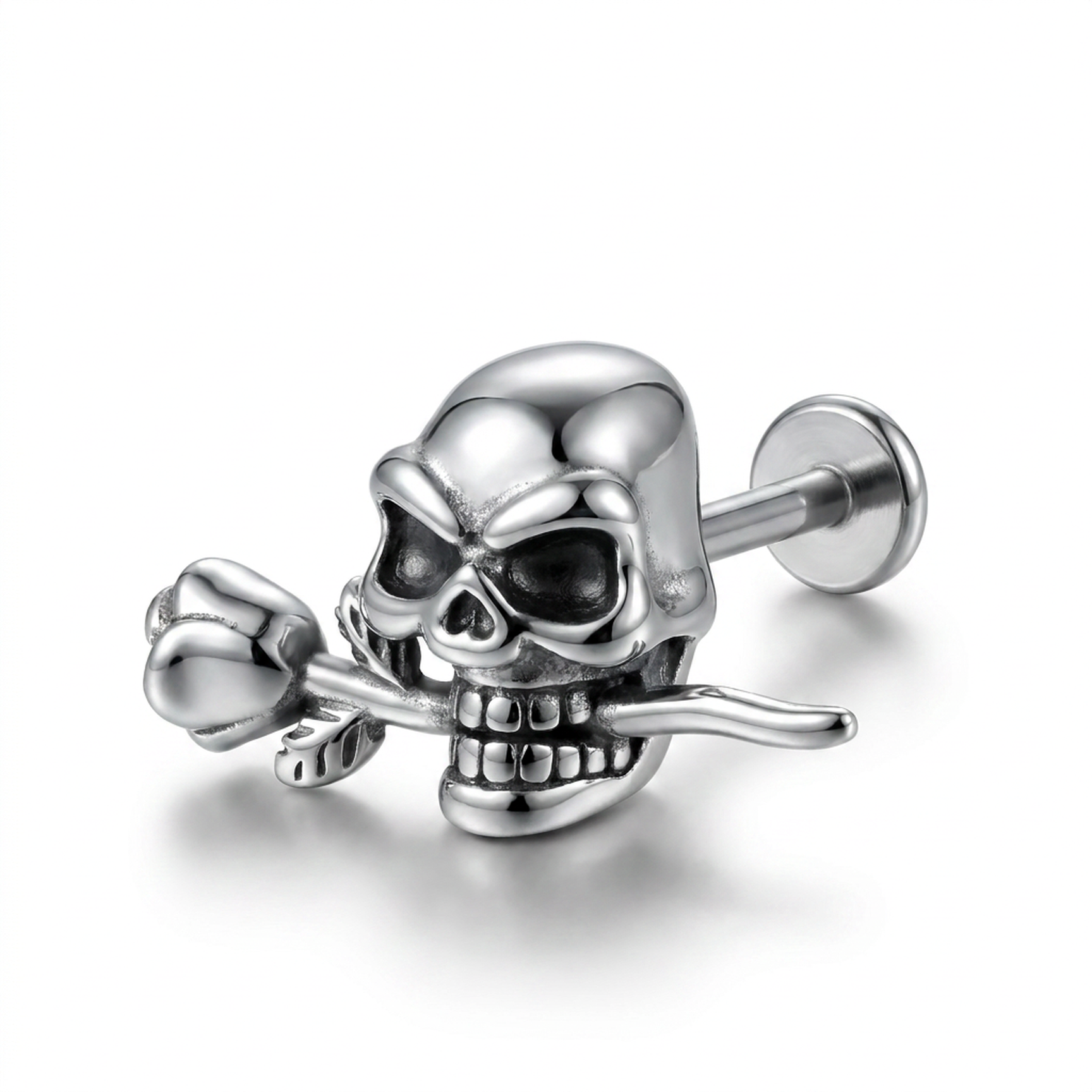 Piercing con teschio e rosa in Acciaio Chirurgico 316L - Piercing per lobo, helix, forward helix, conch, flat, tragus