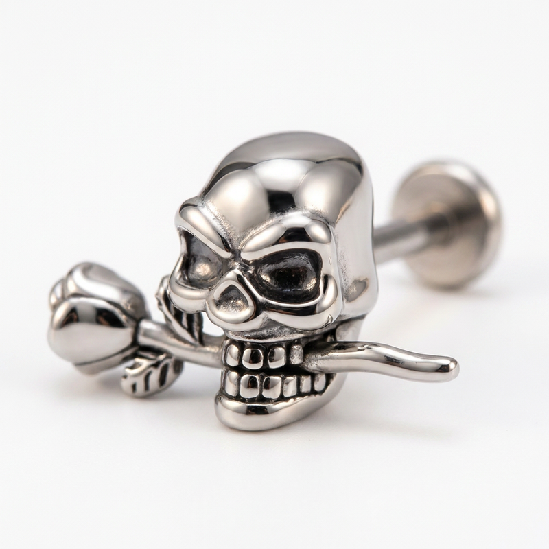 Piercing con teschio e rosa in Acciaio Chirurgico 316L - Piercing per lobo, helix, forward helix, conch, flat, tragus