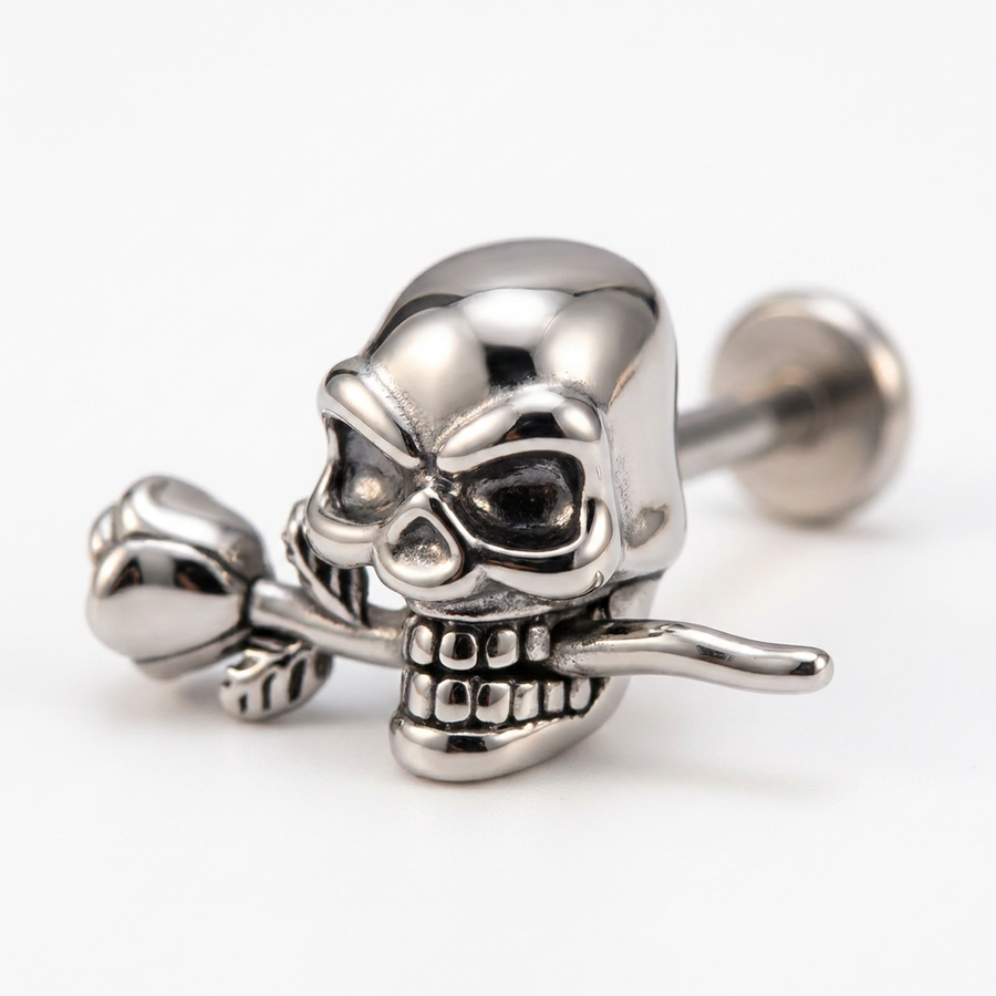 Piercing con teschio e rosa in Acciaio Chirurgico 316L - Piercing per lobo, helix, forward helix, conch, flat, tragus