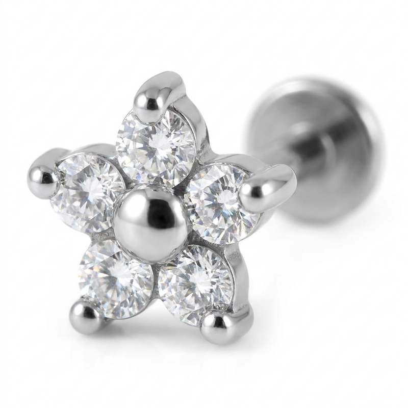 Piercing con fiore di zirconi in Acciaio Chirurgico 316L - Piercing per lobo, helix, forward helix, conch, flat, tragus