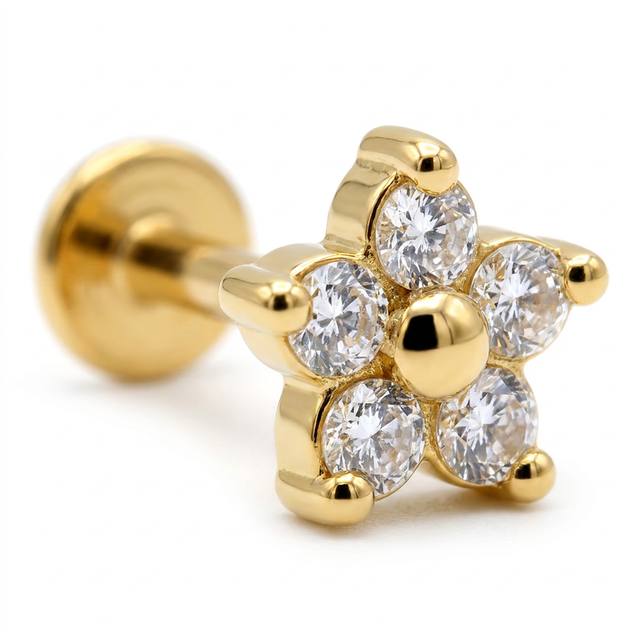 Piercing con fiore di zirconi in Acciaio Chirurgico 316L - Piercing per lobo, helix, forward helix, conch, flat, tragus