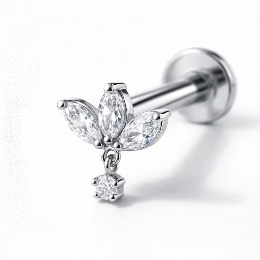 Piercing con tre petali e zircone pendente in Acciaio Chirurgico 316L - Piercing per lobo, helix, forward helix, conch, flat, tragus