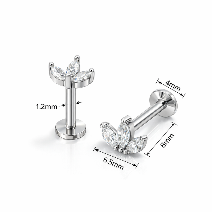 Barretta con tre petali e zirconi in Acciaio Chirurgico 316L - Piercing per orecchio