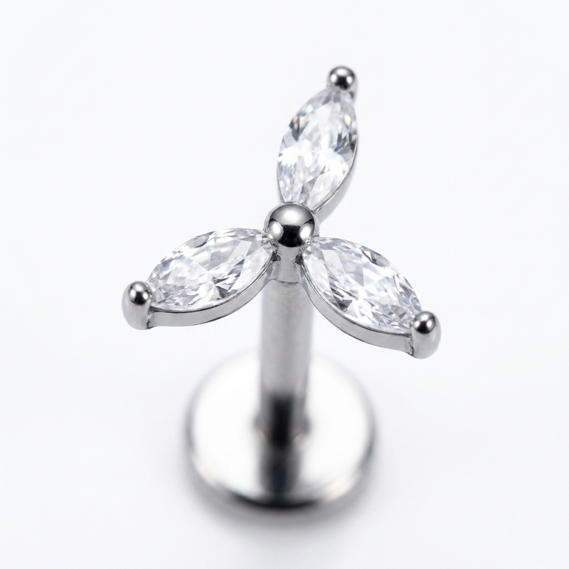 Piercing con tre zirconi in acciaio chirurgico 316L - Piercing per lobo, helix, forward helix, conch, flat, tragus