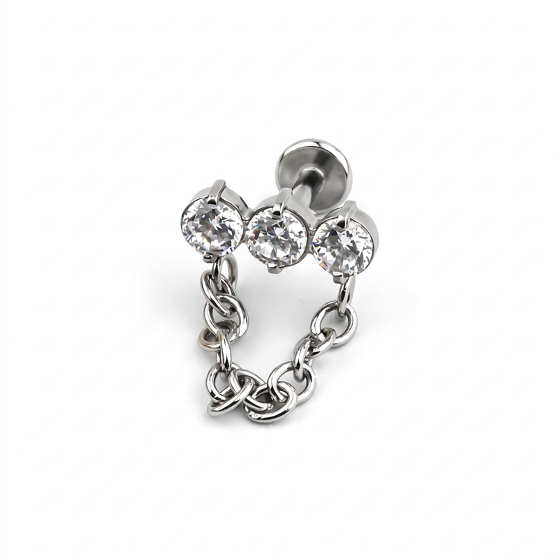Piercing con tre zirconi e catena pendente in Acciaio Chirurgico 316L - Piercing per lobo, helix, flat