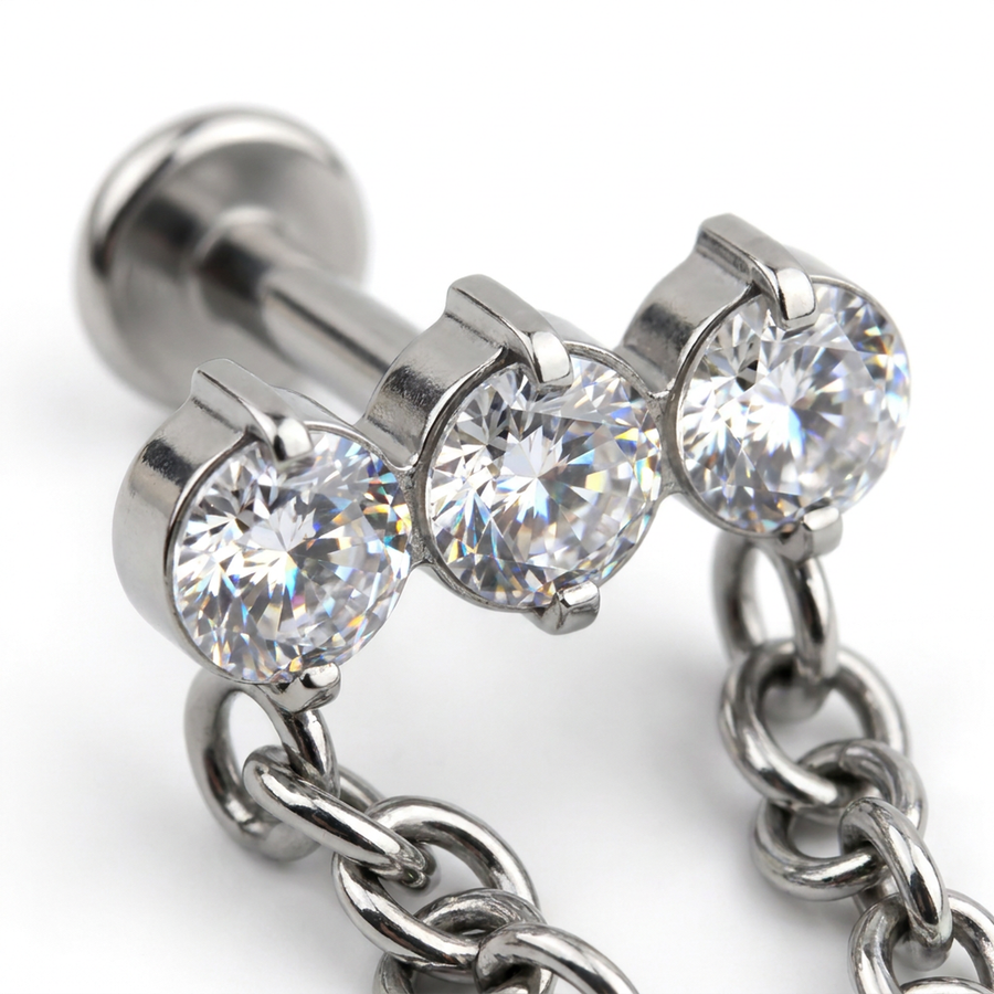 Piercing con tre zirconi e catena pendente in Acciaio Chirurgico 316L - Piercing per lobo, helix, flat