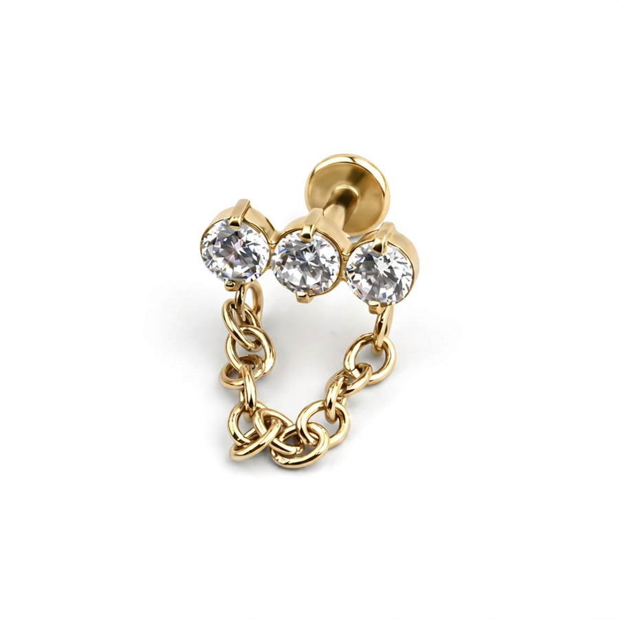 Piercing con tre zirconi e catena pendente in Acciaio Chirurgico 316L - Piercing per lobo, helix, flat