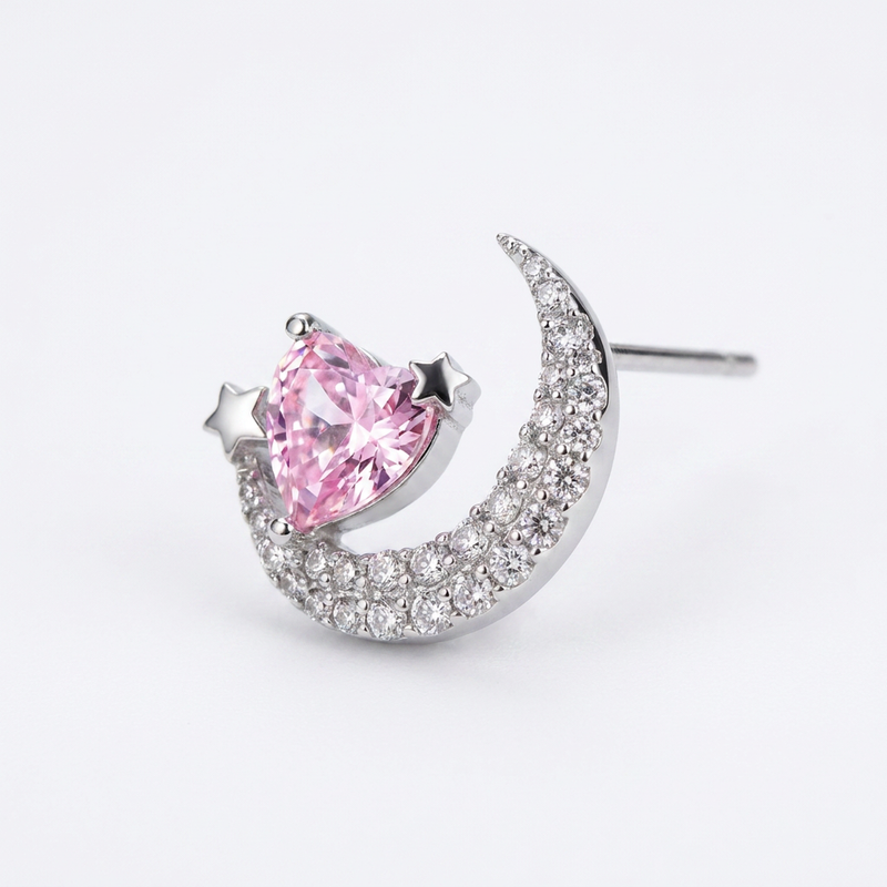 Orecchino con mezza luna e cuore rosa in Argento 925 - Orecchino per lobo