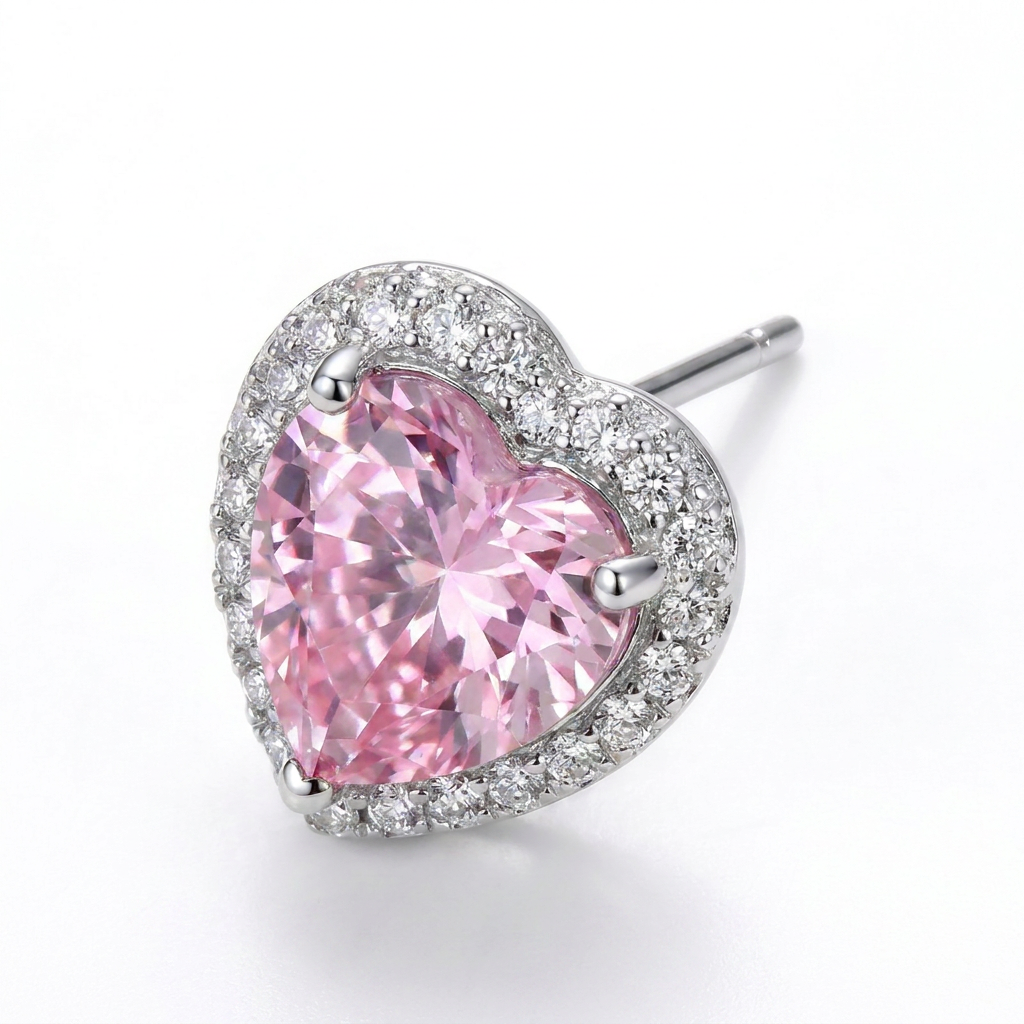 Brillantino a forma di cuore con zircone rosa in Argento 925 - Orecchino per lobo