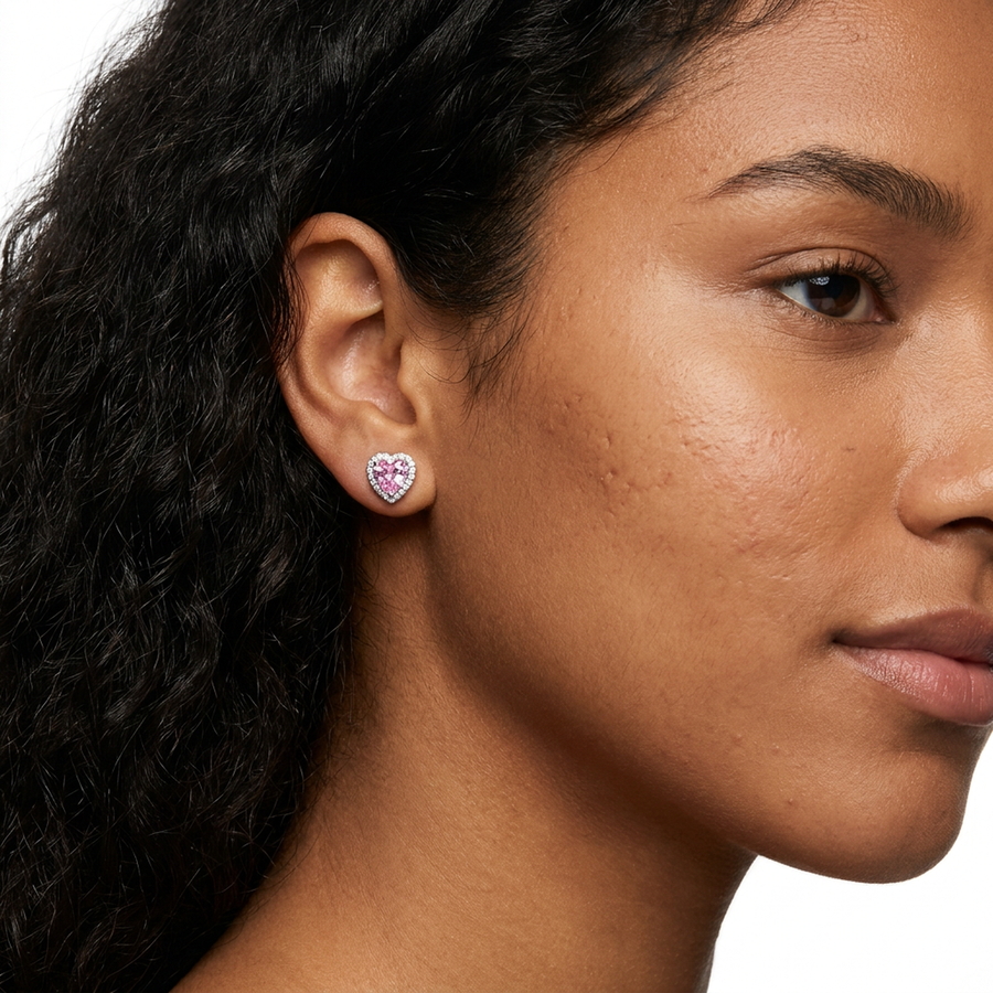 Brillantino a forma di cuore con zircone rosa in Argento 925 - Orecchino per lobo