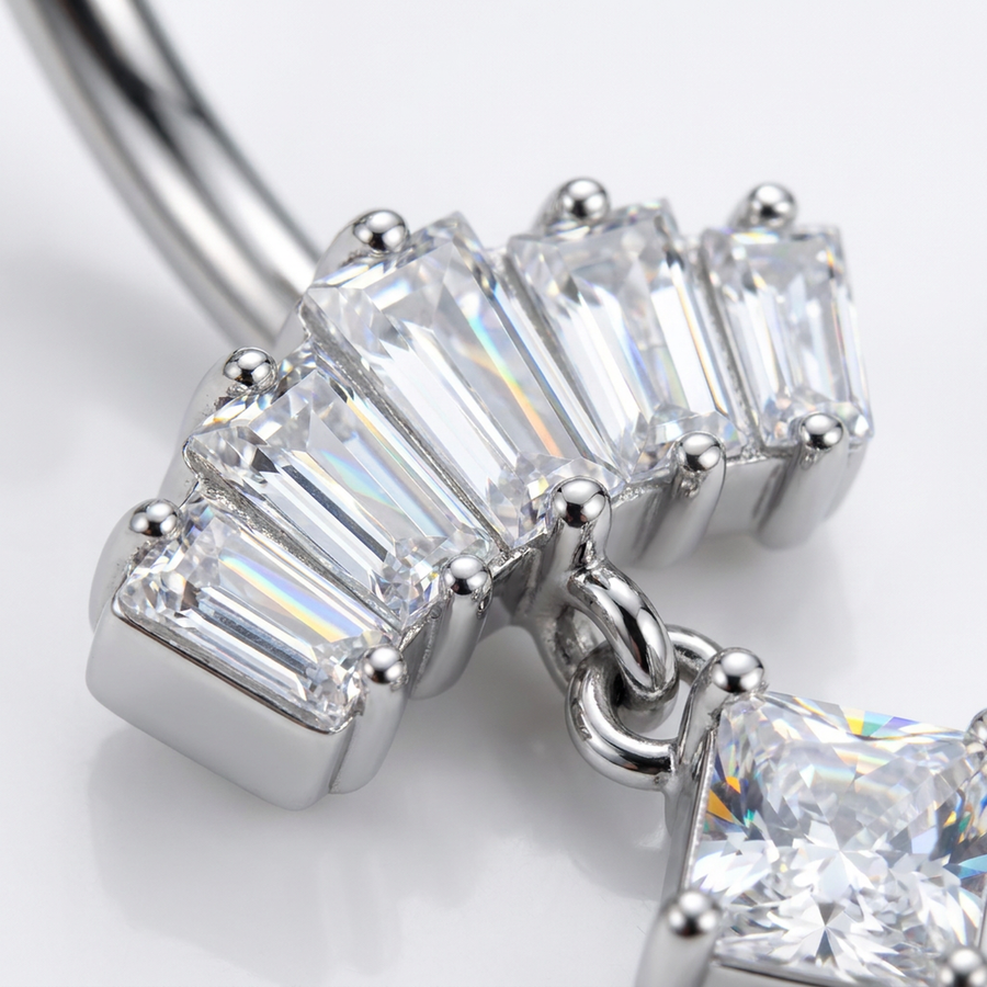 Piercing con zirconi rettangolari e pendente a rombo in Acciaio chirurgico 316L - Piercing per ombelico