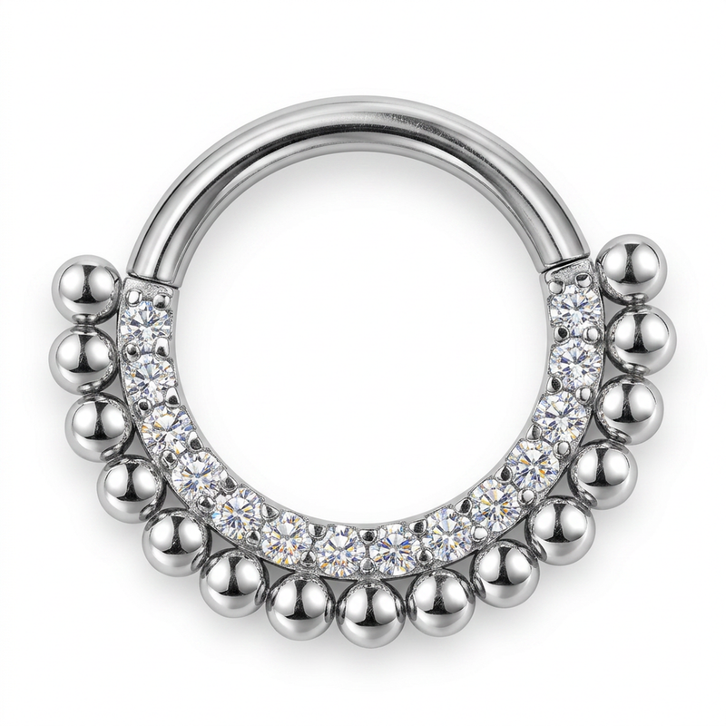 Cerchietto con corona di zirconi e palline in Acciaio Chirurgico 316L - Piercing per lobo, helix, daith, septum