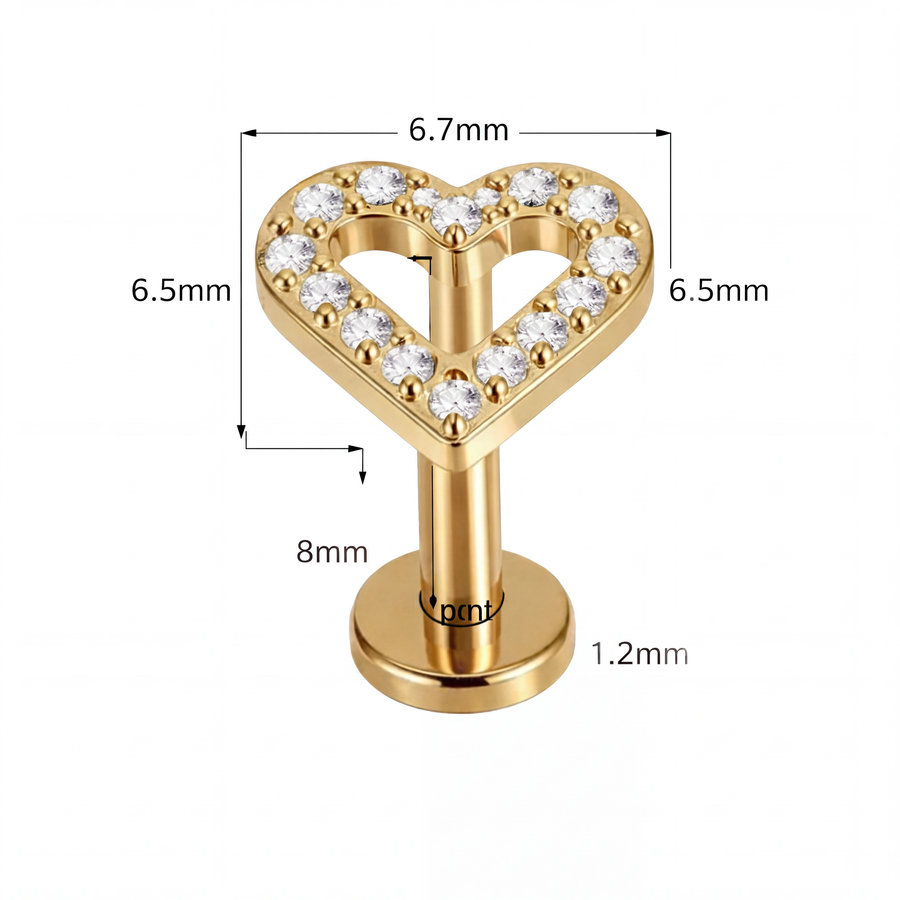 Piercing con cuore zirconato in Titanio F136 - Piercing per lobo, helix, forward helix, conch, flat, tragus