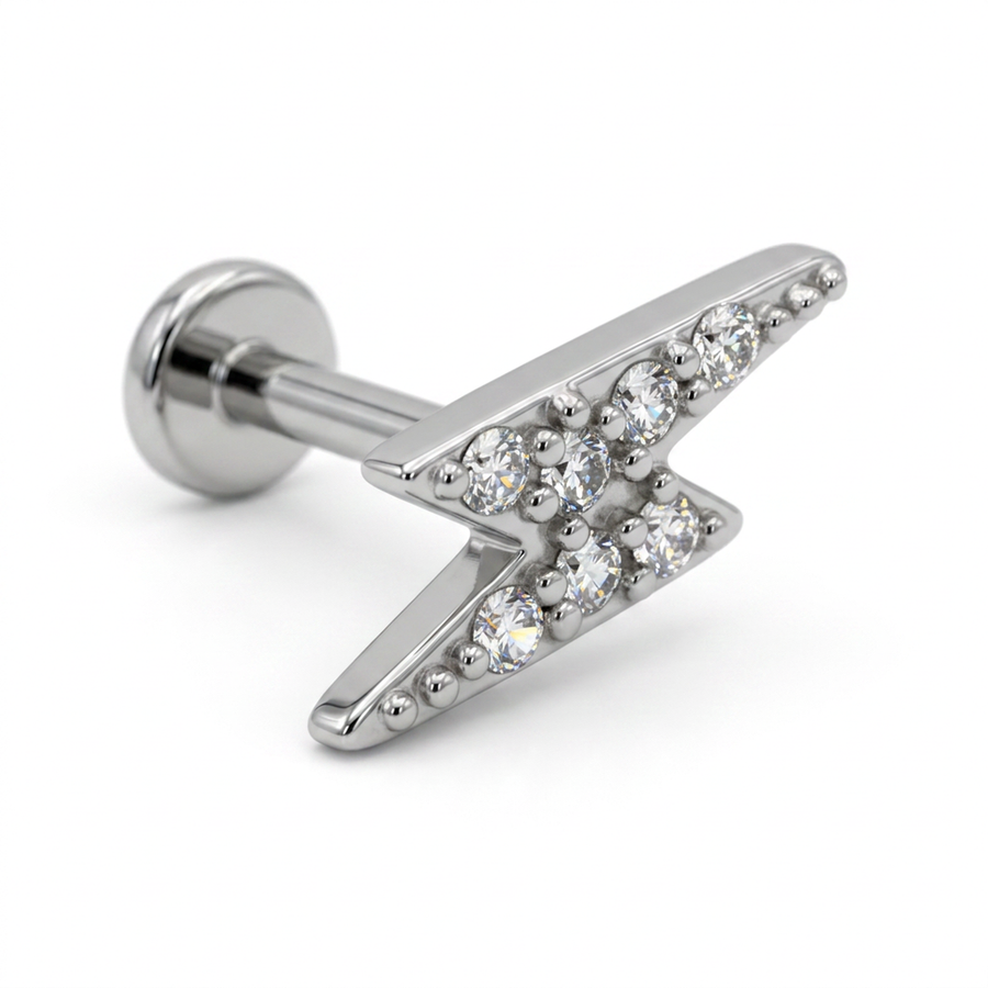Piercing in acciaio chirurgico 316L a forma di fulmine con zirconi incastonati