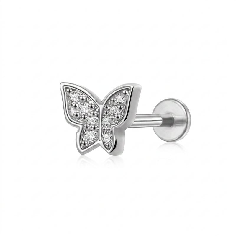 Piercing con farfalla e zirconi in Titanio F136- Piercing per Lobo, helix, forward helix, conch, flat, tragus