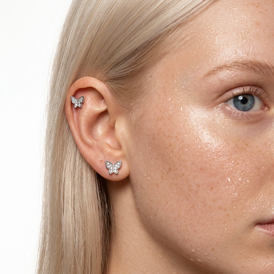 Piercing con farfalla e zirconi in Titanio F136- Piercing per Lobo, helix, forward helix, conch, flat, tragus