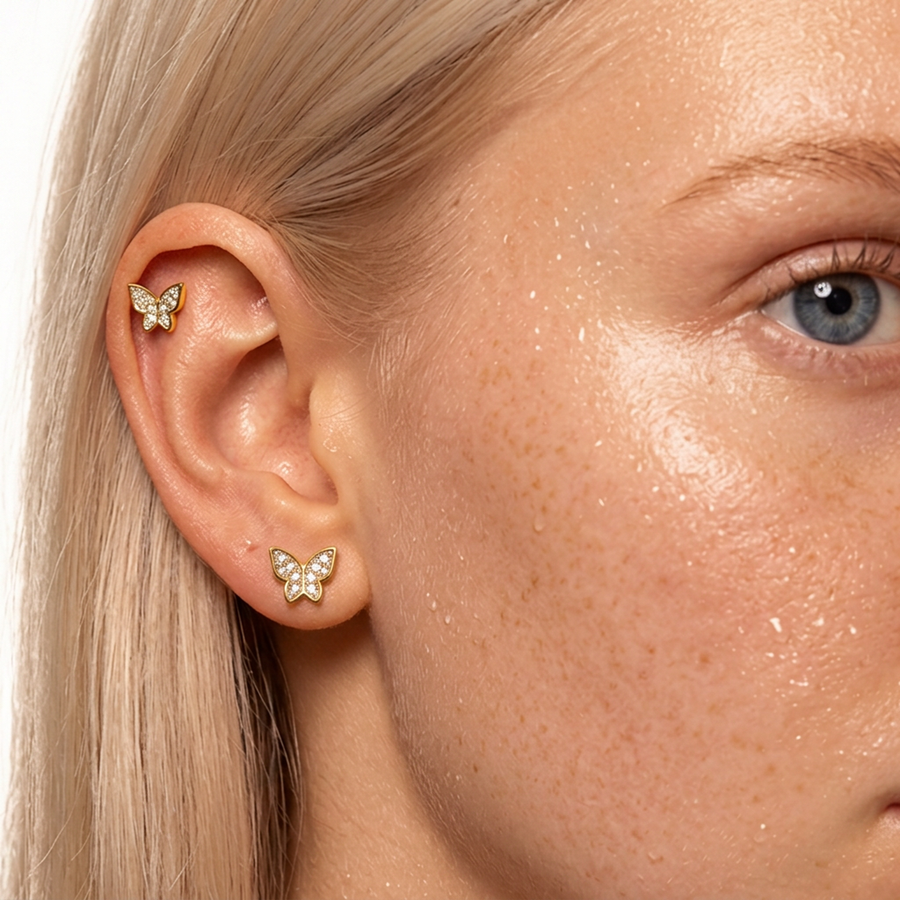 Piercing con farfalla e zirconi in Titanio F136- Piercing per Lobo, helix, forward helix, conch, flat, tragus