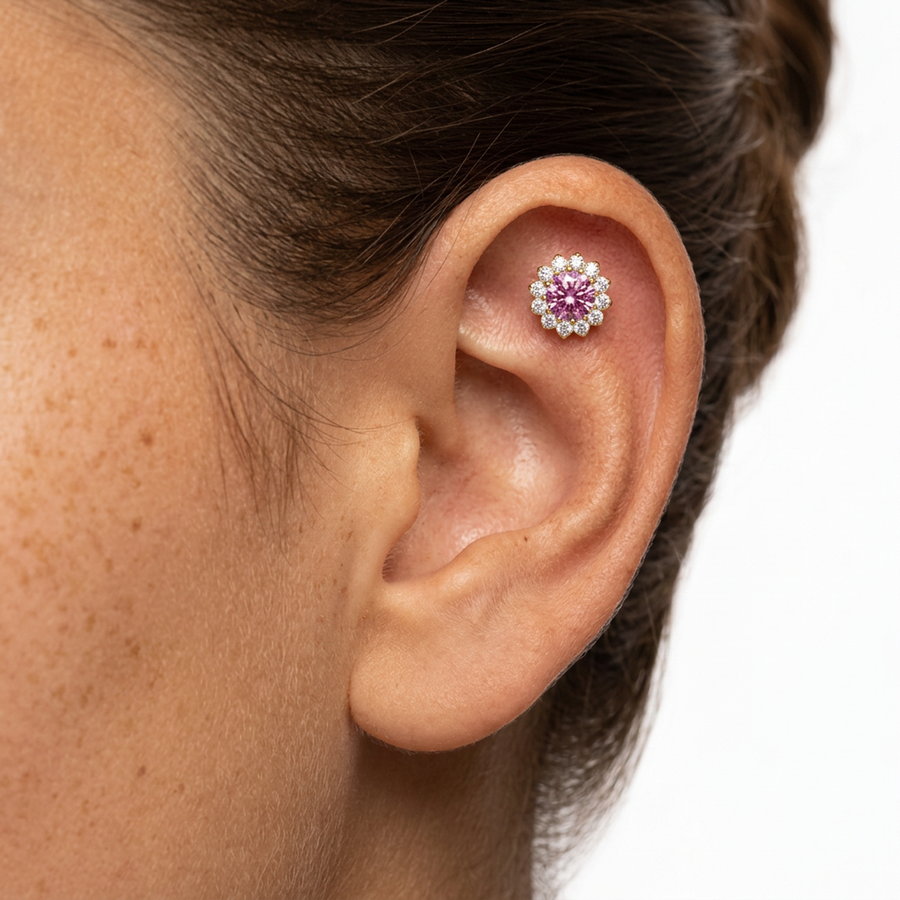 Piercing con fiore e zirconi in Titanio F136- Piercing per Lobo, helix, forward helix, conch, flat, tragus