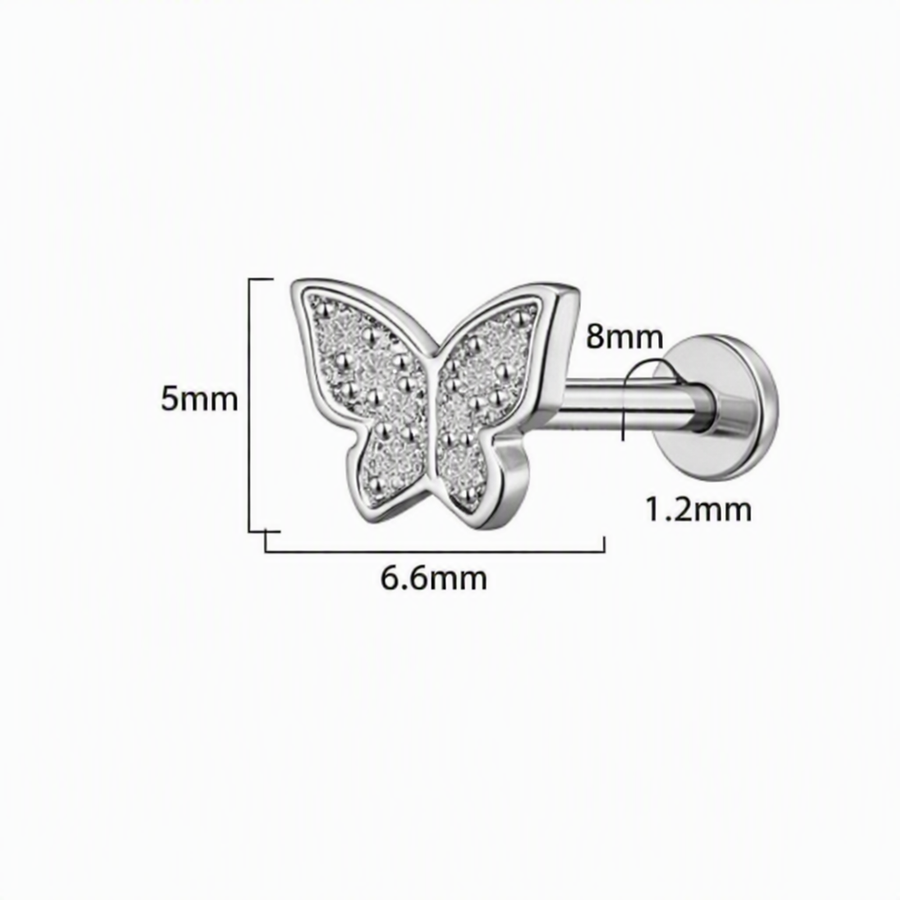 Piercing con farfalla e zirconi in Titanio F136- Piercing per Lobo, helix, forward helix, conch, flat, tragus