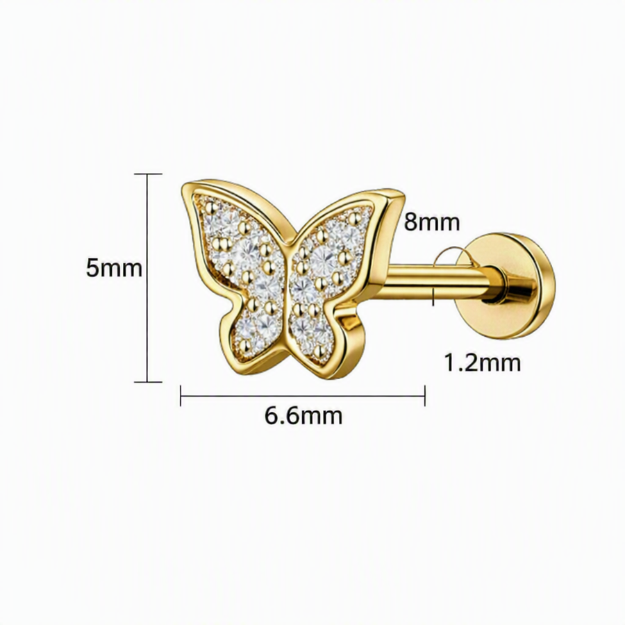 Piercing con farfalla e zirconi in Titanio F136- Piercing per Lobo, helix, forward helix, conch, flat, tragus