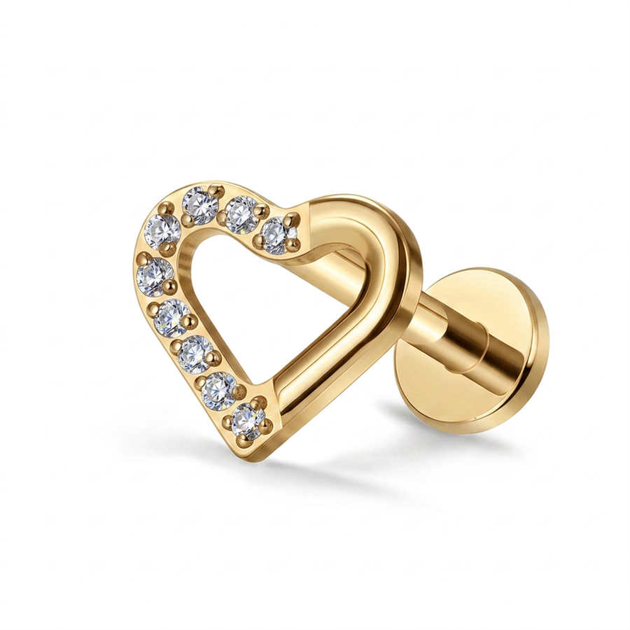 Piercing con cuore zirconi in Titanio F136- Piercing per Lobo, helix, forward helix, conch, flat, tragus