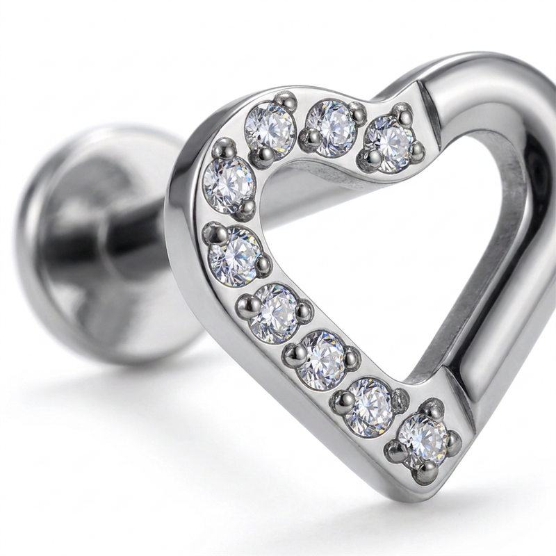 Piercing con cuore zirconi in Titanio F136- Piercing per Lobo, helix, forward helix, conch, flat, tragus