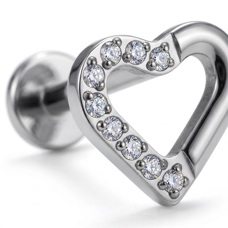 Piercing con cuore zirconi in Titanio F136- Piercing per Lobo, helix, forward helix, conch, flat, tragus