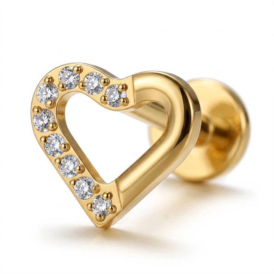 Piercing con cuore zirconi in Titanio F136- Piercing per Lobo, helix, forward helix, conch, flat, tragus