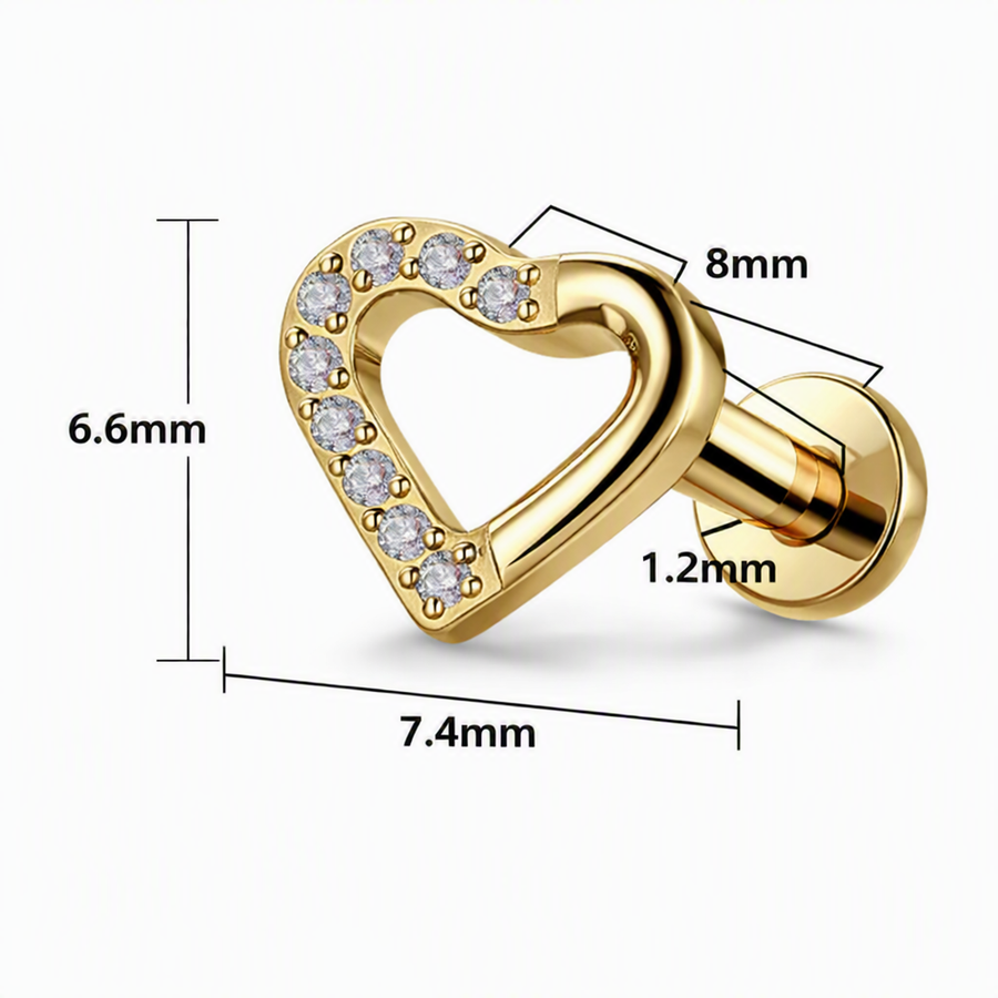 Piercing con cuore zirconi in Titanio F136- Piercing per Lobo, helix, forward helix, conch, flat, tragus