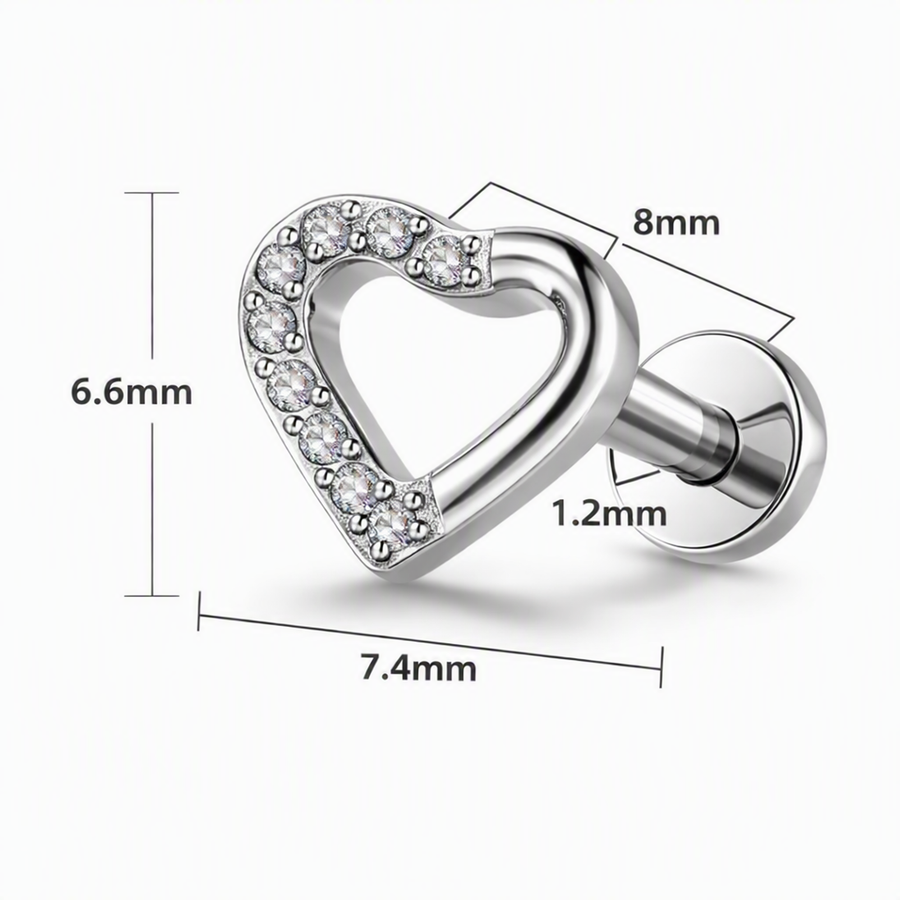 Piercing con cuore zirconi in Titanio F136- Piercing per Lobo, helix, forward helix, conch, flat, tragus