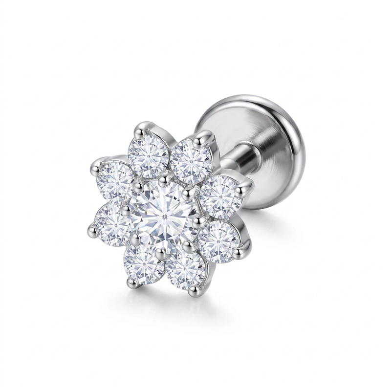 Piercing con fiore di zirconi in Titanio F136- Piercing per Lobo, helix, forward helix, conch, flat, tragus