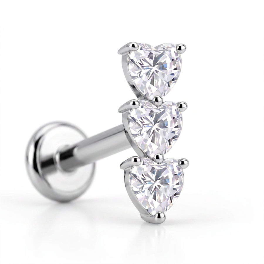 Piercing con zirconi a cuore in Titanio G23- Piercing per Lobo, helix, forward helix, conch, flat, tragus