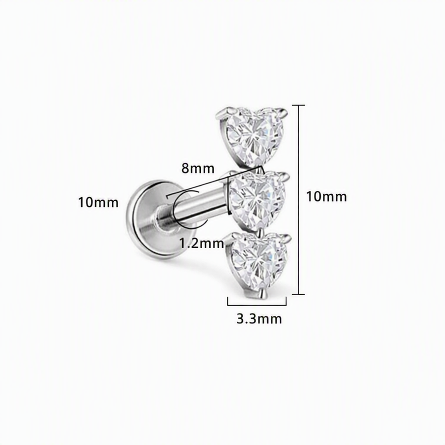 Piercing con zirconi a cuore in Titanio G23- Piercing per Lobo, helix, forward helix, conch, flat, tragus