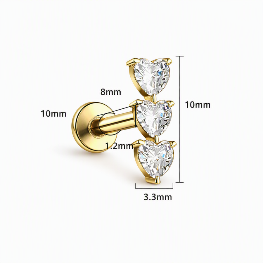 Piercing con zirconi a cuore in Titanio G23- Piercing per Lobo, helix, forward helix, conch, flat, tragus