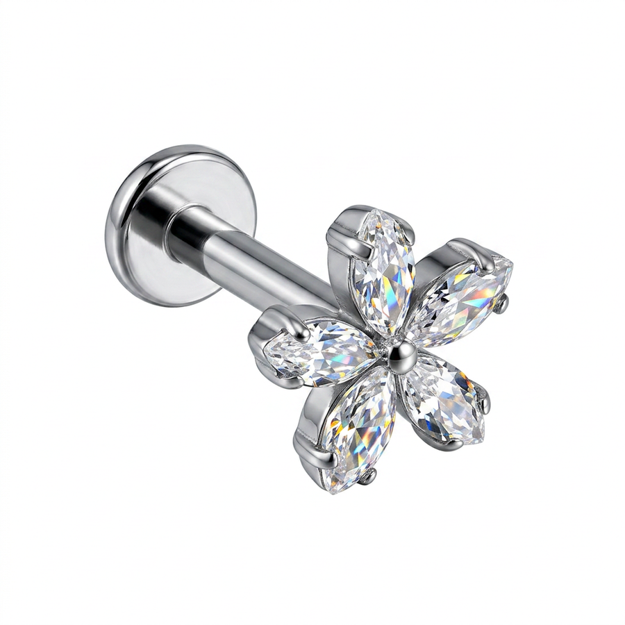 Piercing con fiore di zirconi in Titanio G23- Piercing per Lobo, helix, forward helix, conch, flat, tragus
