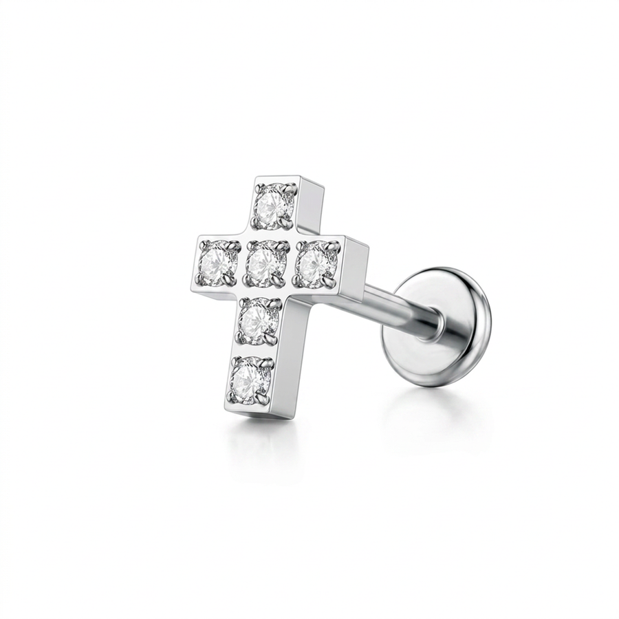 Piercing con croce e zirconi in Titanio F136- Piercing per Lobo, helix, forward helix, conch, flat, tragus