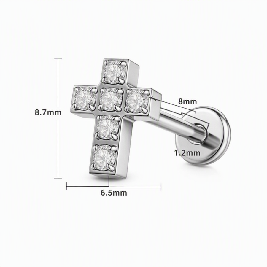 Piercing con croce e zirconi in Titanio F136- Piercing per Lobo, helix, forward helix, conch, flat, tragus