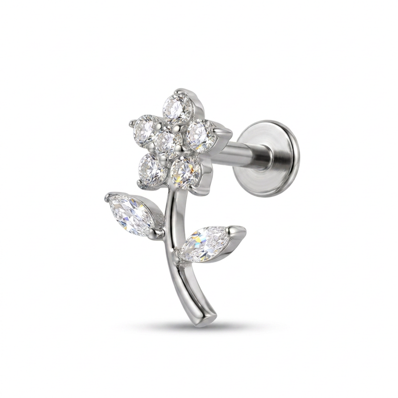 Piercing con fiore e zirconi in Titanio F136- Piercing per Lobo, helix, forward helix, conch, flat, tragus