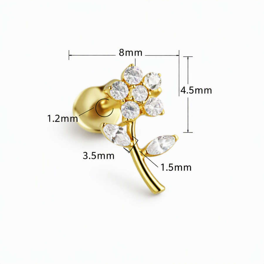 Piercing con fiore e zirconi in Titanio F136- Piercing per Lobo, helix, forward helix, conch, flat, tragus
