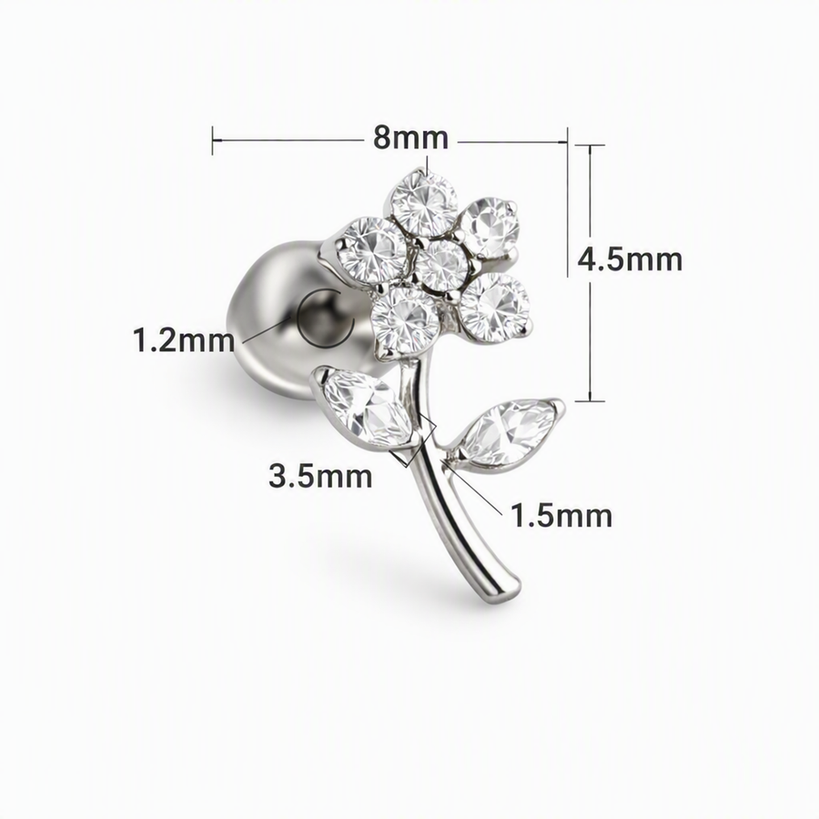 Piercing con fiore e zirconi in Titanio F136- Piercing per Lobo, helix, forward helix, conch, flat, tragus