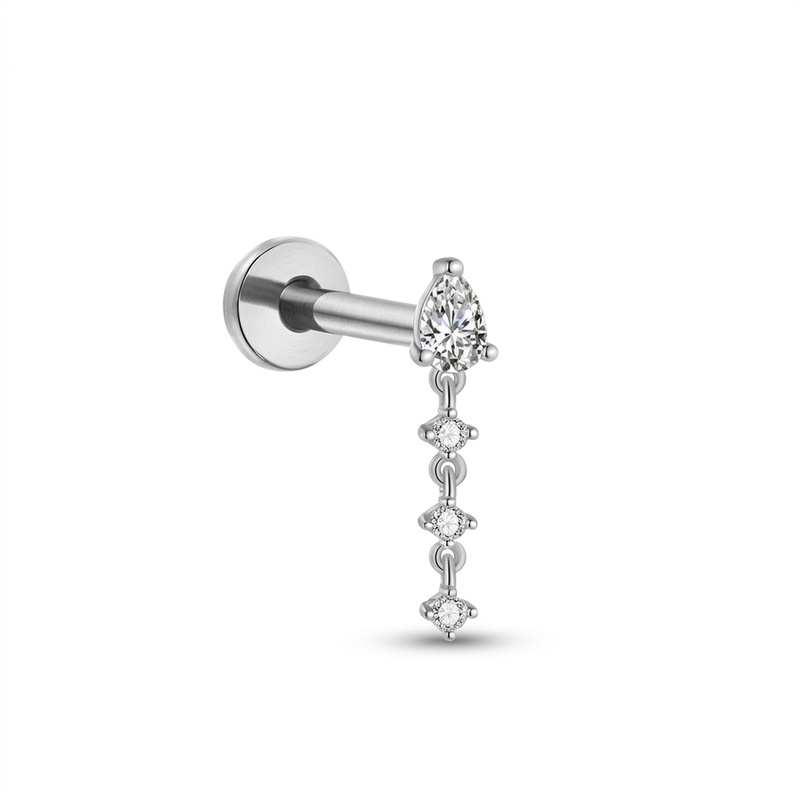 Piercing a goccia con tre zirconi pendenti in Titanio F136- Piercing per Lobo, helix, flat