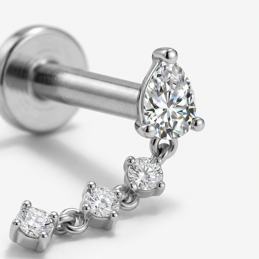Piercing a goccia con tre zirconi pendenti in Titanio F136- Piercing per Lobo, helix, flat