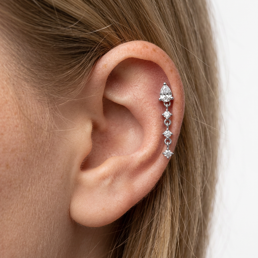 Piercing a goccia con tre zirconi pendenti in Titanio F136- Piercing per Lobo, helix, flat