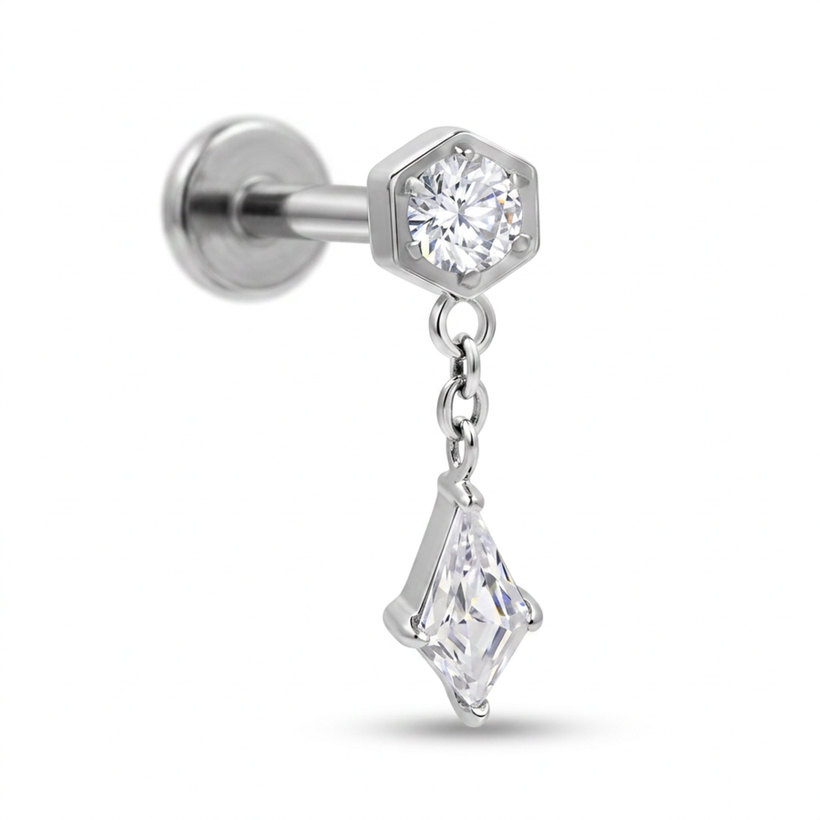 Piercing con zirconi e pendente in Titanio F136- Piercing per Lobo, helix, flat