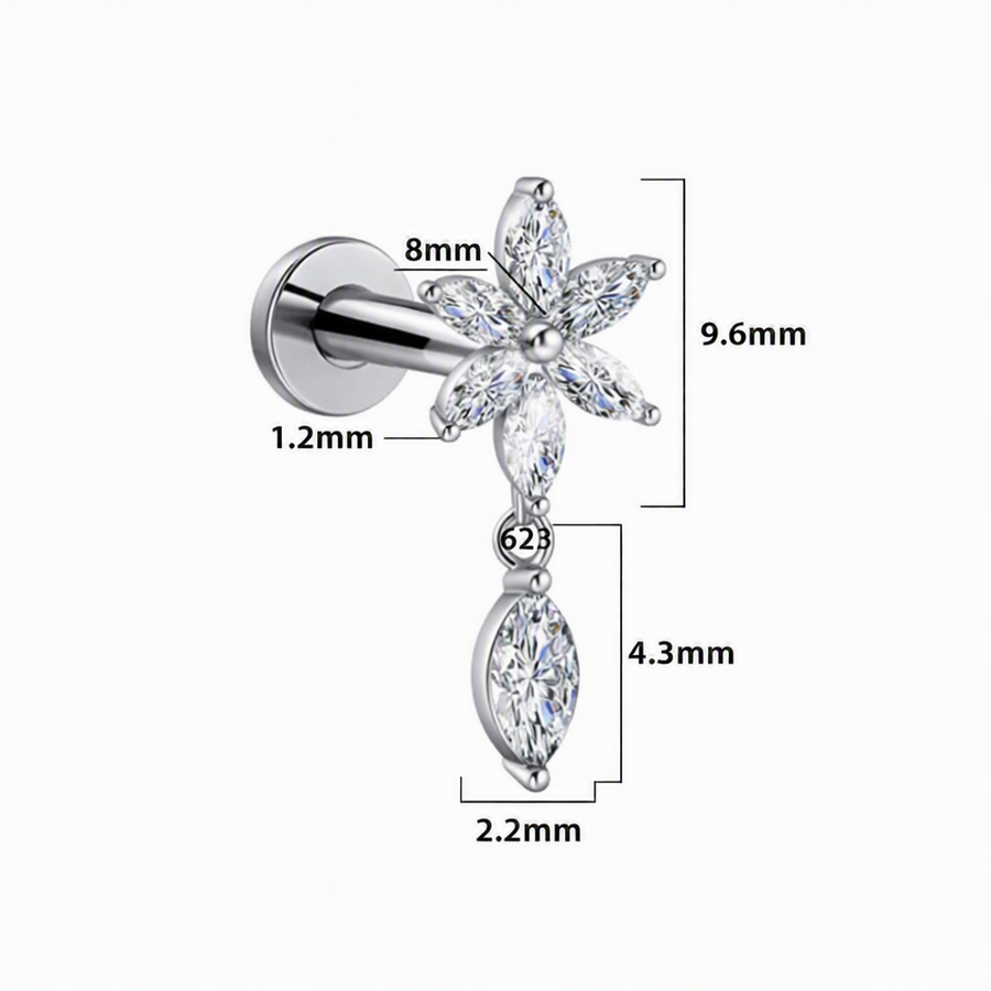 Piercing con zirconi  e pendente in Titanio F136- Piercing per Lobo, helix, forward helix, conch, flat, tragus