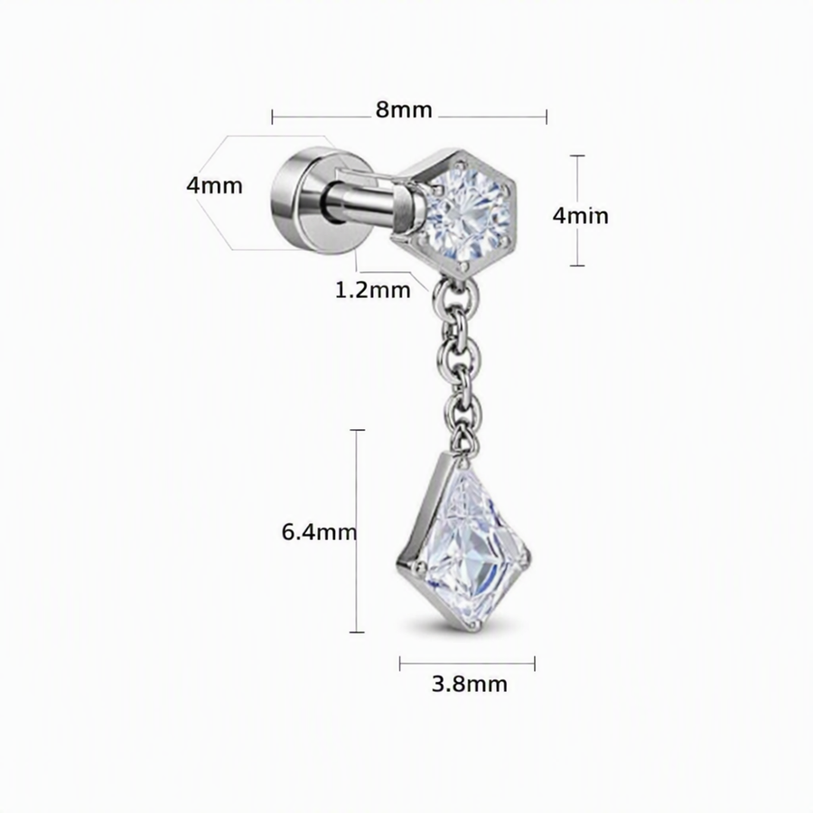 Piercing con zirconi e pendente in Titanio F136- Piercing per Lobo, helix, flat