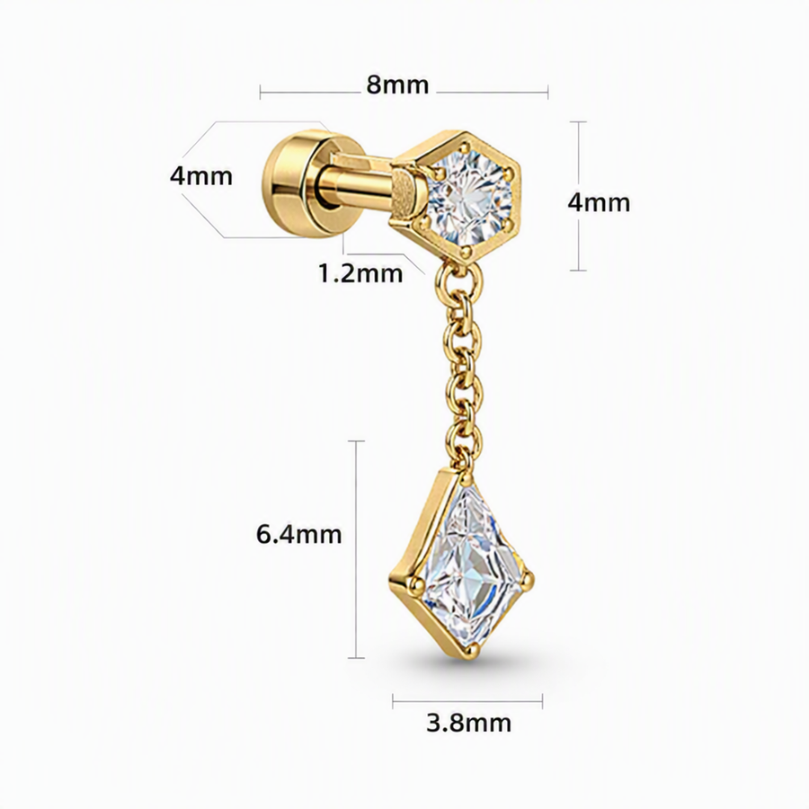 Piercing con zirconi e pendente in Titanio F136- Piercing per Lobo, helix, flat