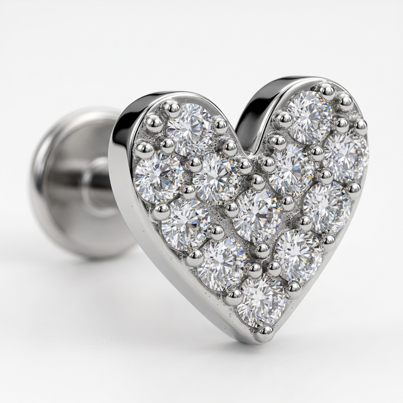 Piercing con un cuore di zirconi in Titanio F136- Piercing per Lobo, helix, forward helix, conch, flat, tragus