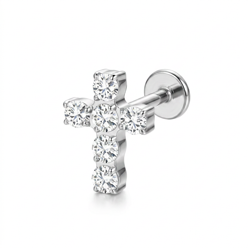Piercing con croce zirconi in Titanio F136- Piercing per Lobo, helix, forward helix, conch, flat, tragus
